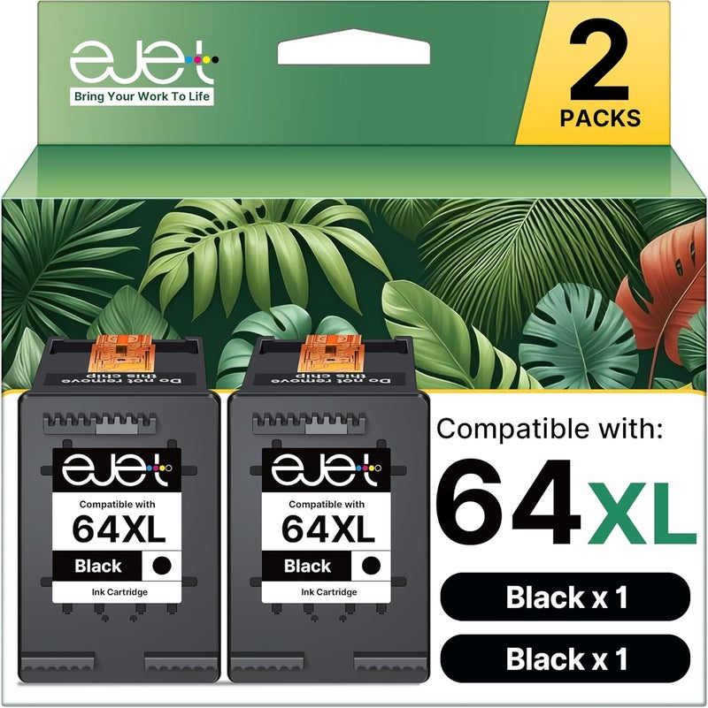 E-Jet 64XL Black Ink Cartridge (2 Pack) Replacement for HP Ink 64 XL Black Ink Cartridge for HP Printers Envy Photo 7855 7858 7155 7800 6255 Inspire 7900e 7955e 7950e 7958e 7200e 7255e Tango X Tango Terra - Image 1